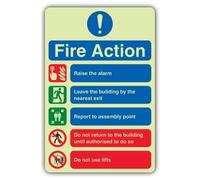 Segnale di sicurezza fotoluminescente con scritta "V Safety 5 Point Fire Action Notice - Do Not Use Lifts Safety Sign - 150 x 225 mm - 1,2 mm plastica rigida - Double Glow