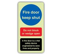 Segnale di sicurezza fotoluminescente con scritta "V Safety Fire Door Keep Shut - Do Not Block Safety - 200 x 400 mm - vinile autoadesivo - standard Glow