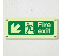 Segnale di sicurezza fotoluminescente con scritta "V Safety Fire Exit Arrow Down Left Safety", 600 x 200 mm, in plastica rigida da 1,2 mm, triplo bagliore