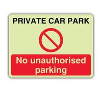 Segnale di sicurezza fotoluminescente con scritta "V Safety Private Car Park No Unauthorised Parking Safety - 600 x 450 mm - 1,2 mm plastica rigida - Double Glow