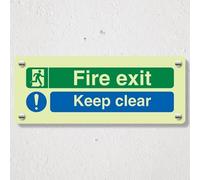 Segnale di sicurezza fotoluminescente V Safety Fire Exit - Keep Clear - Dual Icon - 600 x 200 mm - GloAcrylic