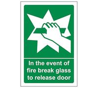 Segnale di sicurezza in alluminio composito con scritta "V Safety In The Event Of Fire Break Glass To Release Door", 100 x 150 mm, 3 mm