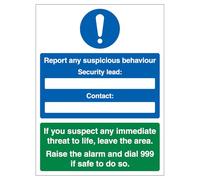 Segnale di sicurezza in alluminio composito con scritta "V Safety Report Any Suspicious Behaviour", 300 x 400 mm