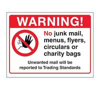 Segnale di sicurezza in alluminio composito con scritta "V Safety Warning! No Junk Mail, Menus...Unwanted Mail Will Be Reported... 150 x 100 mm - 3 mm