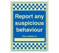 Segnale di sicurezza in vinile autoadesivo con scritta "V Safety Report Any Suspicious Behaviour - Your Contact Is 300 x 400 mm - Glow In The Dark