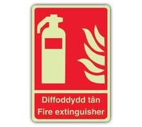Segnale di sicurezza per estintore V - 300 x 450 mm - gallese/inglese | Segnaletica antincendio in plastica rigida che si illumina al buio, tripla fosforescente, prodotta in Gran Bretagna