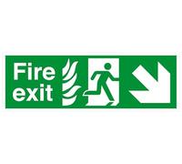 Segnale di sicurezza per uscita antincendio verso il basso a destra, in alluminio Dibond da 3 mm per uso interno/esterno (300 mm x 100 mm), distanza di visualizzazione 5 m.