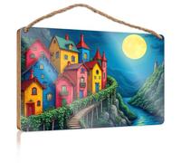 Segnale in legno con villaggio notturno magico vicino al fiume, cartello in legno divertente decorazione per bagno (20 x 30 cm)