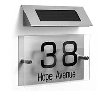 Segnale solare per indirizzi con 18 LED a doppia modalità di luce (bianco freddo/caldo), struttura in acciaio inox e ABS, targa personalizzabile con numero civico da 23,5 x 22,5 cm, luce notturna
