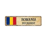 Segnale stradale della Romania Bucarest, cartello con bandiera della Romania, ricordo della città della capitale del paese d'epoca per la decorazione della parete della strada di campagna 8 x 30 cm
