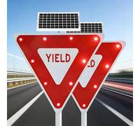 Segnale Stradale Lampeggiante A LED 24/28" Ad Energia Solare Conforme R1-1 Segnale Stradale Lampeggiante A LED Riflettente A Triangolo Invertito Alluminio Resistente Antiruggine IP65(2Pc,24'')