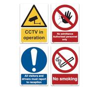 Segnaletica di sicurezza, confezione da 4 - CCTV in Operation, No Admittance, Visitors Report to Reception & No Smoking - A5 210 x 148 mm - Segnali di sicurezza in vinile per uffici, magazzini, negozi