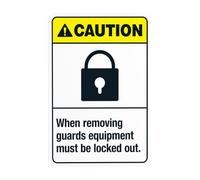 Segnali di avvertimento in metallo con scritta in lingua inglese "When Removing Guards Equipment Must Be Locked Out" per affari, casa, esterni, interni, strada, cortile, garage, muri, sicurezza
