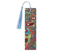 Segnalibri in legno a forma di mostro astratto fatto a mano su entrambi i lati stampati marcatori di pagina con nappe blu cielo accessori per libri regalo per amanti dei libri donne uomini