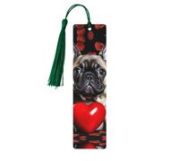Segnalibri in legno con bulldog francese che tiene un cuore rosso per gli amanti dei libri, segnalibro fai da te fatto a mano con nappe colorate Marcatori di pagina stampati su entrambi i lati