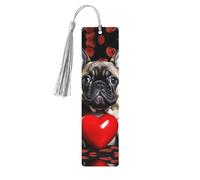 Segnalibri in legno con bulldog francese che tiene un cuore rosso per gli amanti dei libri, segnalibro fai da te fatto a mano con nappe colorate Marcatori di pagina stampati su entrambi i lati