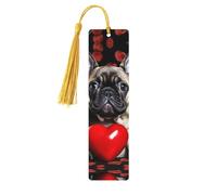 Segnalibri in legno con bulldog francese che tiene un cuore rosso per gli amanti dei libri, segnalibro fai da te fatto a mano con nappe colorate Marcatori di pagina stampati su entrambi i lati