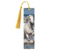 Segnalibri in legno con cavallo bianco che corre sul mare per gli amanti dei libri, segnalibro fai da te fatto a mano con nappe colorate Marcatori di pagina stampati su entrambi i lati, accessori