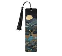 Segnalibri in legno con nappa nera e paesaggio notturno, leggeri, accessori per la lettura.