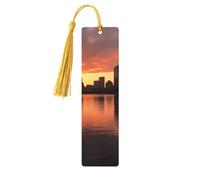 Segnalibri in legno con skyline del fiume Boston Charles al tramonto, per gli amanti dei libri, segnalibro fai da te fatto a mano con nappe colorate, marcatori per pagine stampati su entrambi i lati