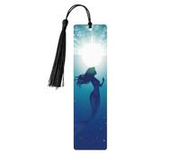 Segnalibri in legno con stampa fronte-retro a tema sirena e pesce, con nappa nera e bolle d'oceano blu, leggeri e ideali per la lettura.