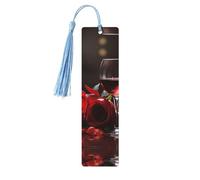 Segnalibri in legno per bicchieri di vino e candele con rosa rossa, per gli amanti dei libri, segnalibro fai da te fatto a mano con nappe colorate Marcatori di pagina stampati su entrambi i lati