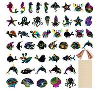 Segnalibri Scratch Art Arcobaleno Graffi di Animali Marini 48 Pezzi Carta da Graffio con 48 Colorate Corde e 24 Legno Stilo per Forniture Artigianali Feste Party Filler