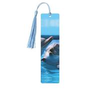 Segnalibro in legno con due delfini nell'acqua per uomini e donne che leggono segnalibri in legno unici fatti a mano con nappa ciondolo segnalibro per amanti dei libri, regalo di compleanno per