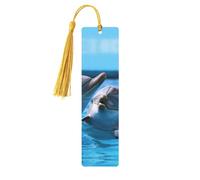Segnalibro in legno con due delfini nell'acqua per uomini e donne che leggono segnalibri in legno unici fatti a mano con nappa ciondolo segnalibro per amanti dei libri, regalo di compleanno per