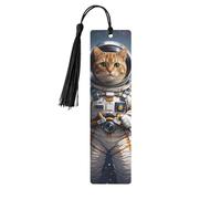 Segnalibro in legno con gatto astronauta nello spazio e nappe, 11,7 x 3 cm, ideale come accessorio di lettura.