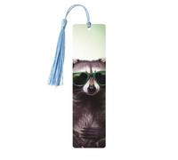Segnalibro in legno con nappe Etichetta da appendere in legno divertente Raccoon Occhiali da sole verdi Segnalibri fatti a mano Ornamenti Vintage Segnalibri in legno Fancy Craft Book Mark Lettura