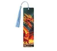 Segnalibro in legno con nappe, etichetta da appendere in legno, drago re nel fuoco, segnalibro fatto a mano, ornamenti vintage in legno, segna libri in legno, per donne e uomini