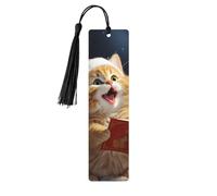 Segnalibro in legno con nappe, etichetta in legno da appendere, simpatico gatto che canta canti natalizi, segnalibri fatti a mano, ornamenti, segnalibri in legno vintage, segnalibri artigianali fantas