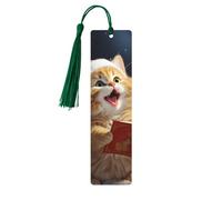 Segnalibro in legno con nappe, etichetta in legno da appendere, simpatico gatto che canta canti natalizi, segnalibri fatti a mano, ornamenti, segnalibri in legno vintage, segnalibri artigianali fantas