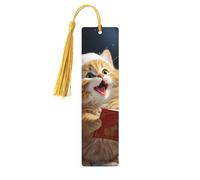 Segnalibro in legno con nappe, etichetta in legno da appendere, simpatico gatto che canta canti natalizi, segnalibri fatti a mano, ornamenti, segnalibri in legno vintage, segnalibri artigianali fantas