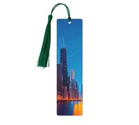 Segnalibro in legno con scritta "Chicago Night", da appendere, ornamenti, rettangolari, con fori e corde