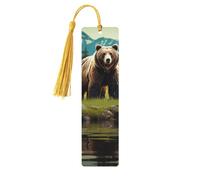 Segnalibro in legno con scritta "River Bear", per uomini e donne, segnalibro in legno unico fatto a mano, con nappa, per amanti dei libri, regalo per insegnanti di compleanno