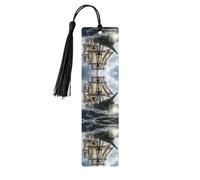 Segnalibro in legno con stampa di nave pirata antica nave pirata nel mare, etichette rettangolari in legno naturale con nappe, regalo per uomini e donne
