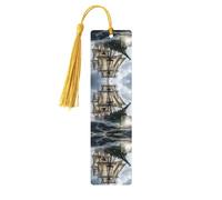 Segnalibro in legno con stampa di nave pirata antica nave pirata nel mare, etichette rettangolari in legno naturale con nappe, regalo per uomini e donne