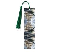Segnalibro in legno con stampa di nave pirata antica nave pirata nel mare, etichette rettangolari in legno naturale con nappe, regalo per uomini e donne