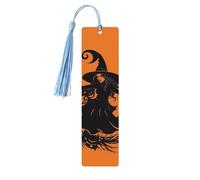 Segnalibro in legno con strega di Halloween per uomini e donne che leggono segnalibri in legno unici fatti a mano con nappa ciondolo segnalibro per amanti dei libri, regalo di compleanno per