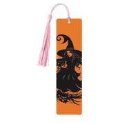 Segnalibro in legno con strega di Halloween per uomini e donne che leggono segnalibri in legno unici fatti a mano con nappa ciondolo segnalibro per amanti dei libri, regalo di compleanno per