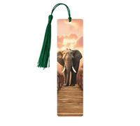 Segnalibro in legno fai da te con elefante su un ponte, segnalibro in legno da appendere con nappe colorate, etichette regalo insolite per gli amanti dei libri, uomini e donne