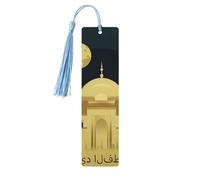 Segnalibro in legno per uomini e donne, biglietto Eid al-Fitr con luna e moschea, segnalibri in legno unici fatti a mano con nappa, segnalibro artigianale per amanti dei libri, regalo di compleanno