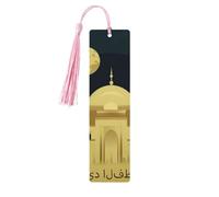 Segnalibro in legno per uomini e donne, biglietto Eid al-Fitr con luna e moschea, segnalibri in legno unici fatti a mano con nappa, segnalibro artigianale per amanti dei libri, regalo di compleanno