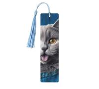 Segnalibro in legno per uomini e donne con gatto blu che sporge fuori lingua segnalibri in legno unici fatti a mano con nappa ciondolo segnalibro per amanti dei libri, regalo di compleanno per