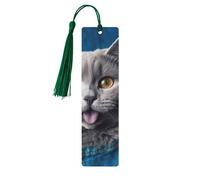 Segnalibro in legno per uomini e donne con gatto blu che sporge fuori lingua segnalibri in legno unici fatti a mano con nappa ciondolo segnalibro per amanti dei libri, regalo di compleanno per