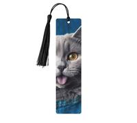 Segnalibro in legno per uomini e donne con gatto blu che sporge fuori lingua segnalibri in legno unici fatti a mano con nappa ciondolo segnalibro per amanti dei libri, regalo di compleanno per