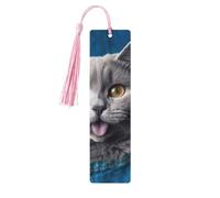 Segnalibro in legno per uomini e donne con gatto blu che sporge fuori lingua segnalibri in legno unici fatti a mano con nappa ciondolo segnalibro per amanti dei libri, regalo di compleanno per