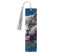Segnalibro in legno per uomini e donne con gatto blu che sporge fuori lingua segnalibri in legno unici fatti a mano con nappa ciondolo segnalibro per amanti dei libri, regalo di compleanno per